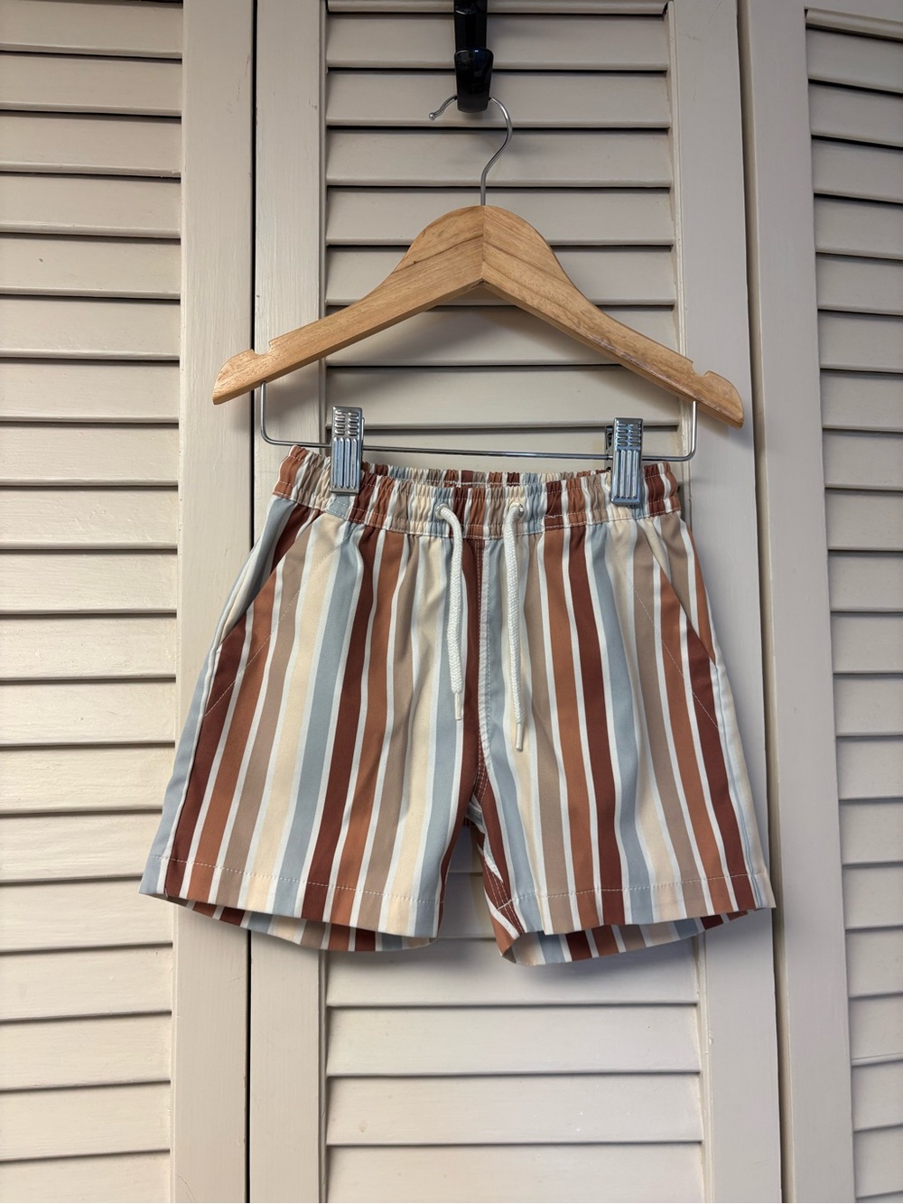 Rylee + Cru Striped Swim Trunks in Brown, Cream, Tan & Light Blue